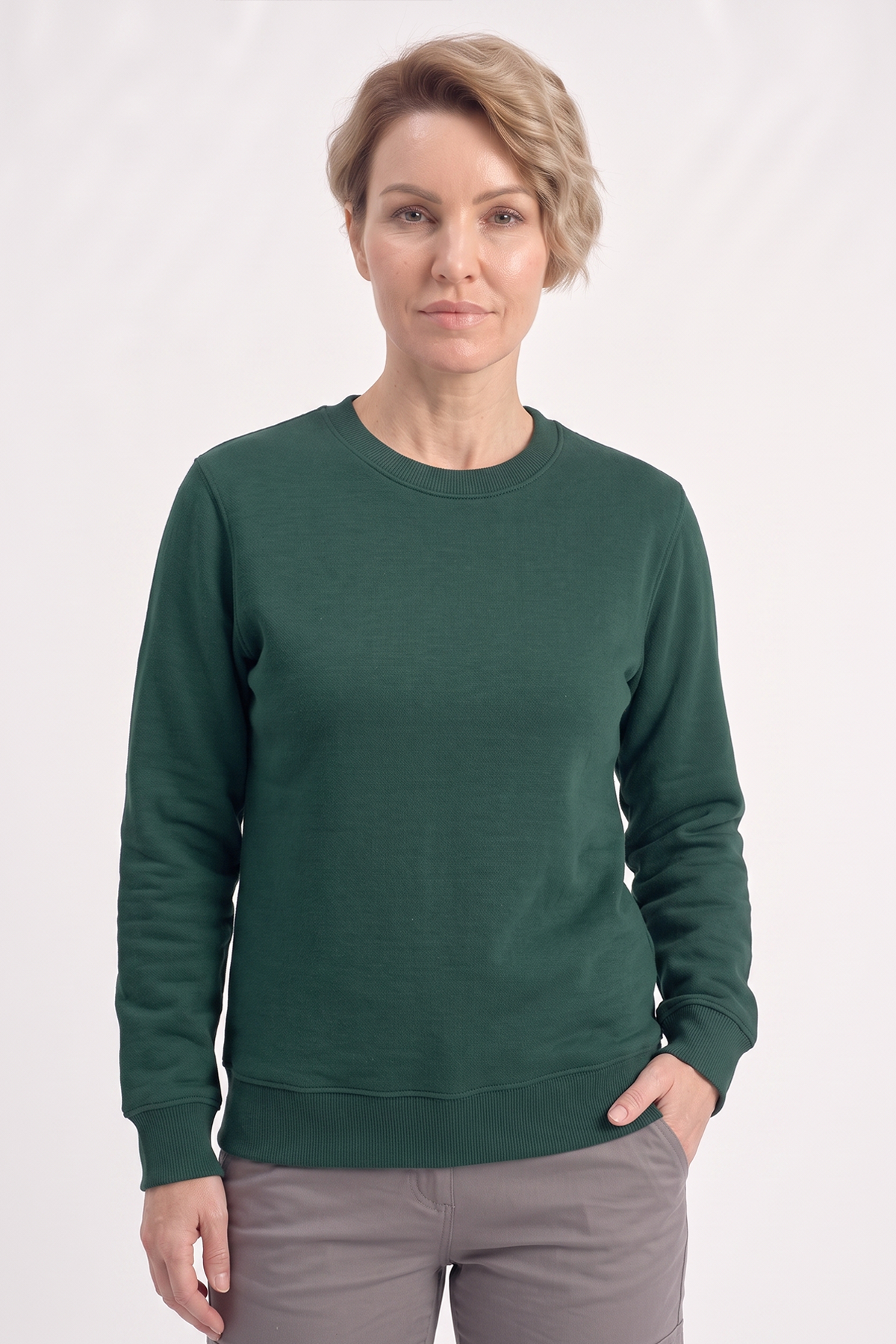 Avcı Yeşili Yuvarlak Yaka İş Sweatshirt 3 İplik Şardonlu