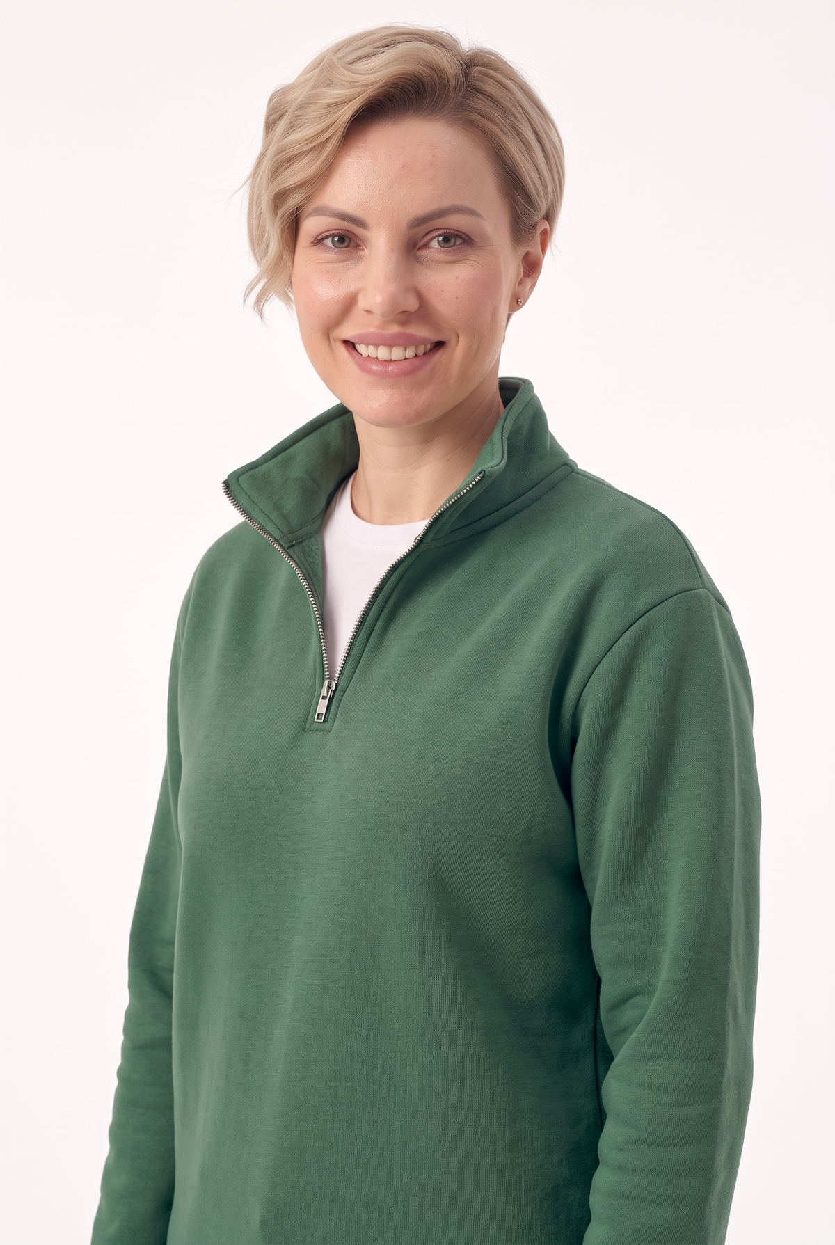 Avcı Yeşili Dik Yaka Yarım Fermuarlı İş Sweatshirt 3 İplik