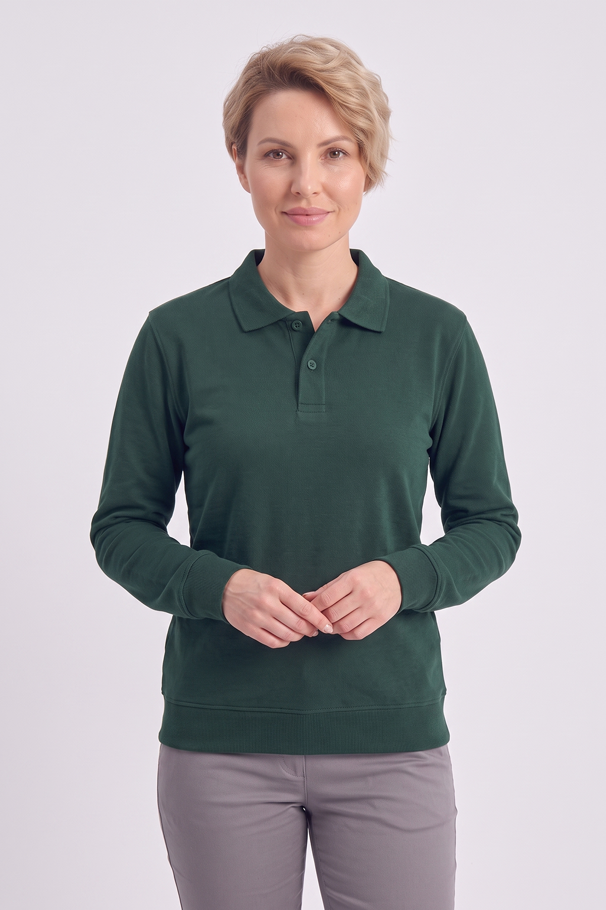 Avcı Yeşili Polo Yaka İş Sweatshirt 3 İplik