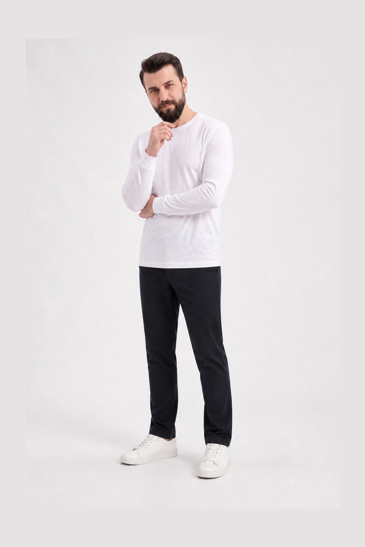 Beyaz %100 Pamuk Penye Yuvarlak Yaka Sweatshirt Uzun Kol