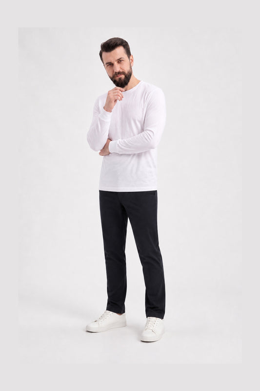 Beyaz %100 Pamuk Penye Yuvarlak Yaka Sweatshirt Uzun Kol