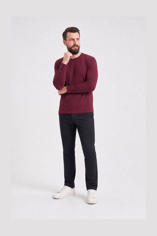 Bordo %100 Pamuk Penye Yuvarlak Yaka Sweatshirt Uzun Kol
