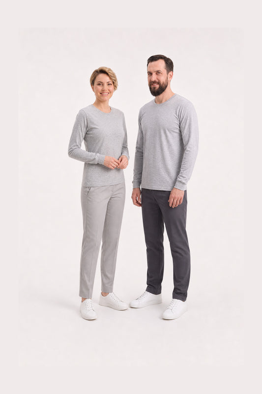 Gri Melanj %100 Pamuk Penye Yuvarlak Yaka Sweatshirt Uzun Kol