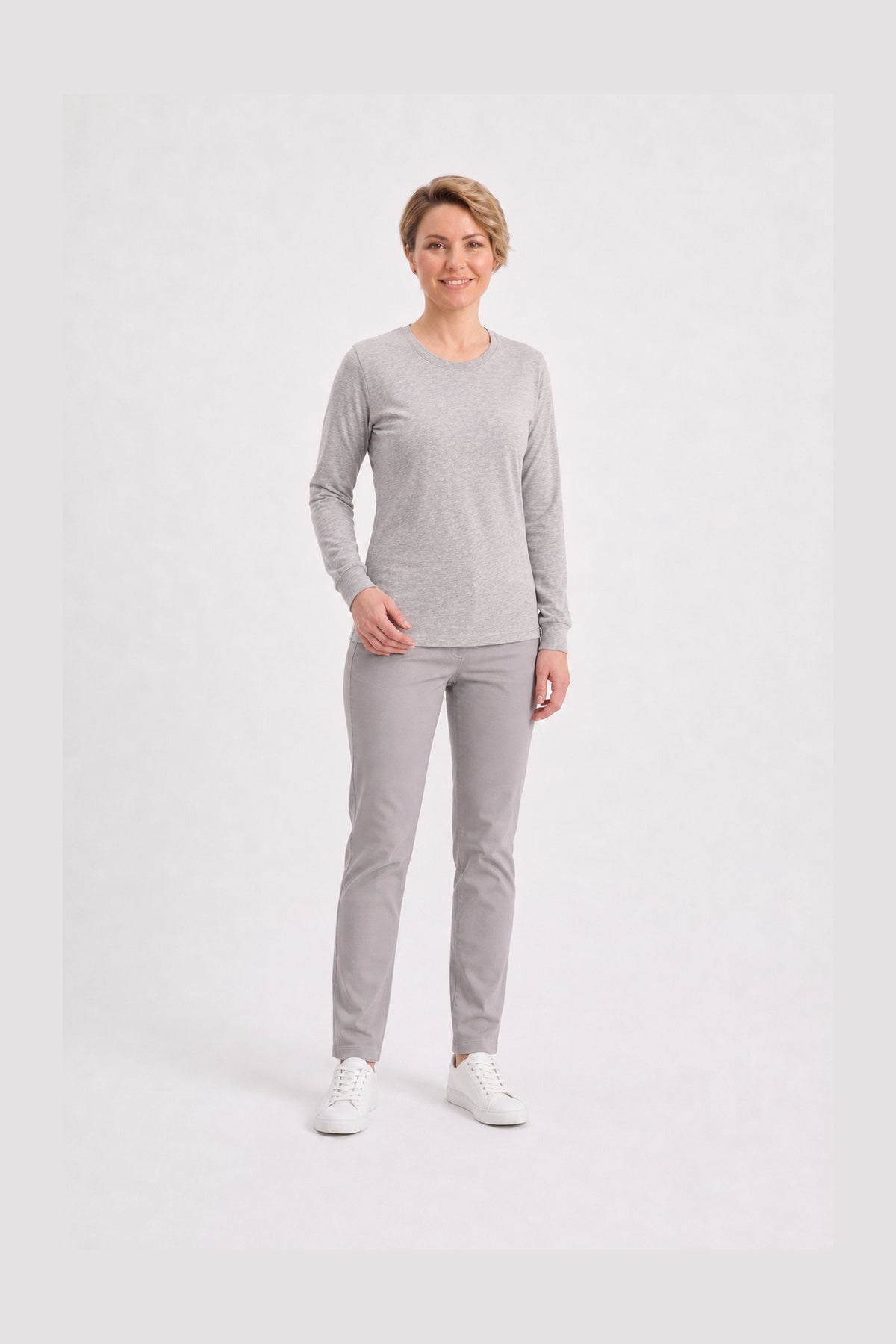 Gri Melanj %100 Pamuk Penye Yuvarlak Yaka Sweatshirt Uzun Kol