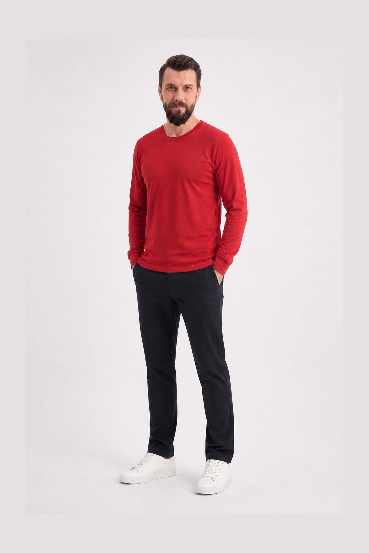 Kırmızı %100 Pamuk Penye Yuvarlak Yaka Sweatshirt Uzun Kol