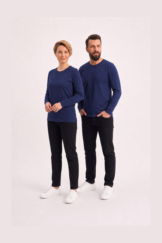 Lacivert %100 Pamuk Penye Yuvarlak Yaka Sweatshirt Uzun Kol