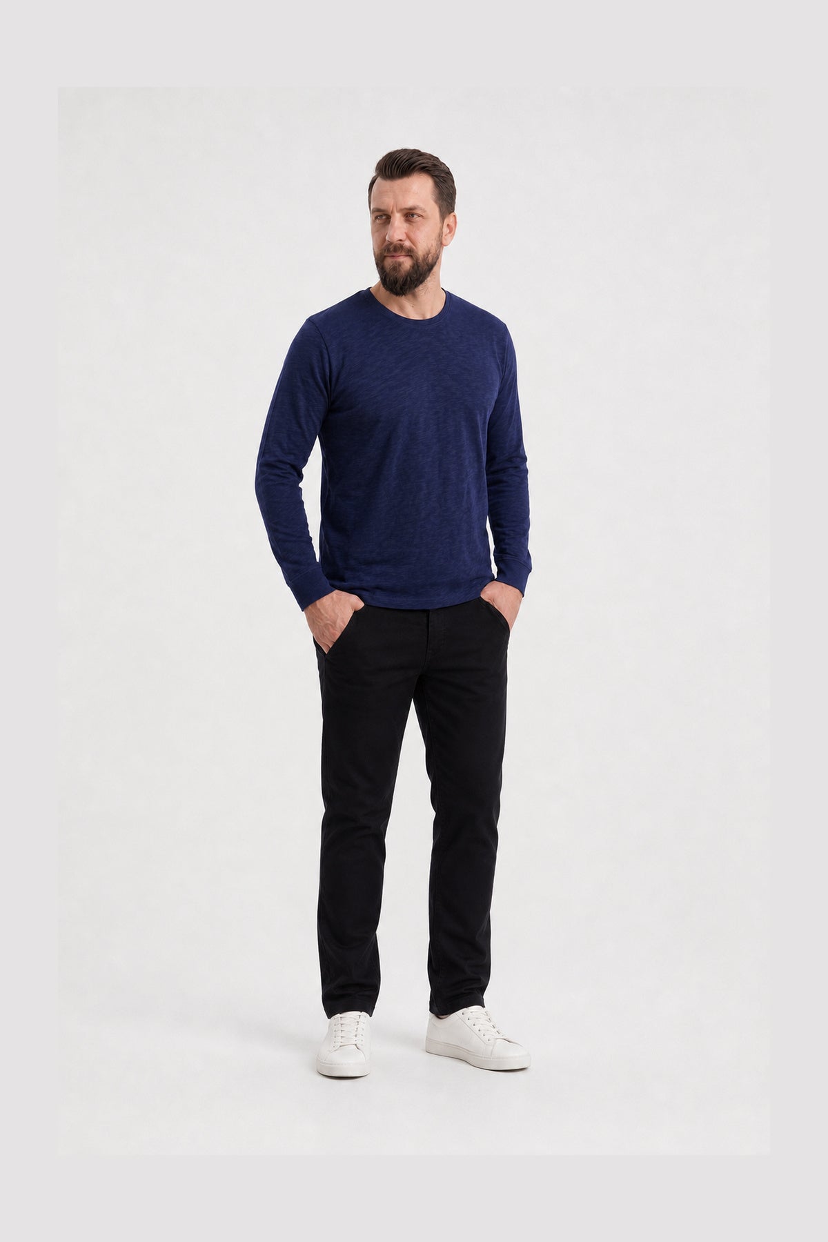 Lacivert %100 Pamuk Penye Yuvarlak Yaka Sweatshirt Uzun Kol
