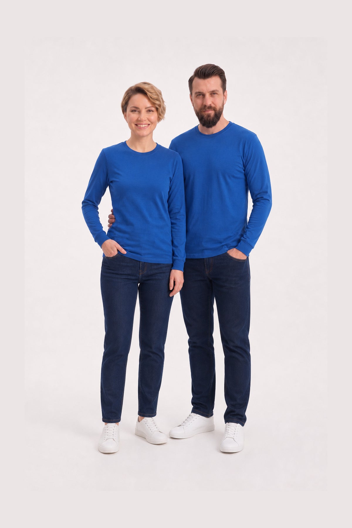 Saks Mavisi %100 Pamuk Penye Yuvarlak Yaka Sweatshirt Uzun Kol
