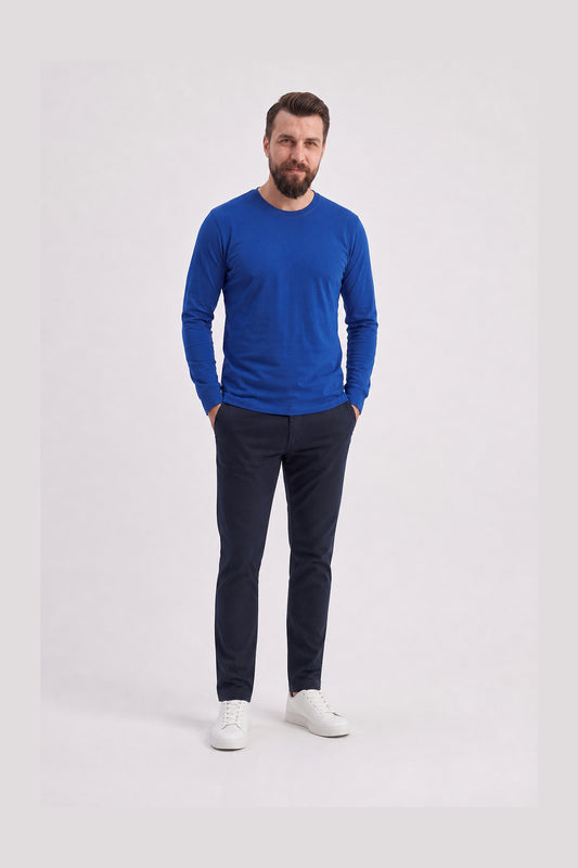 Saks Mavisi %100 Pamuk Penye Yuvarlak Yaka Sweatshirt Uzun Kol