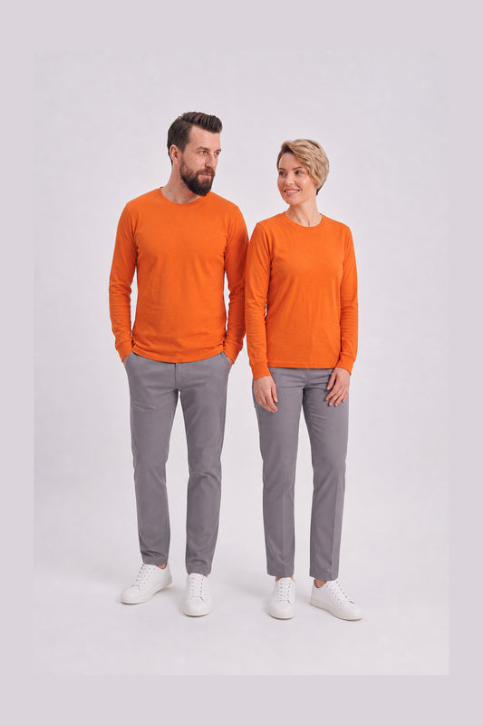 Turuncu %100 Pamuk Penye Yuvarlak Yaka Sweatshirt Uzun Kol