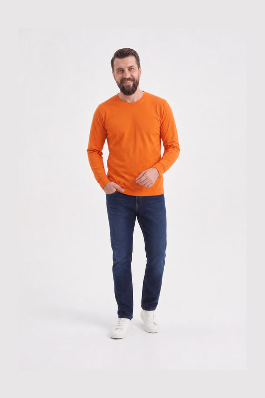 Turuncu %100 Pamuk Penye Yuvarlak Yaka Sweatshirt Uzun Kol