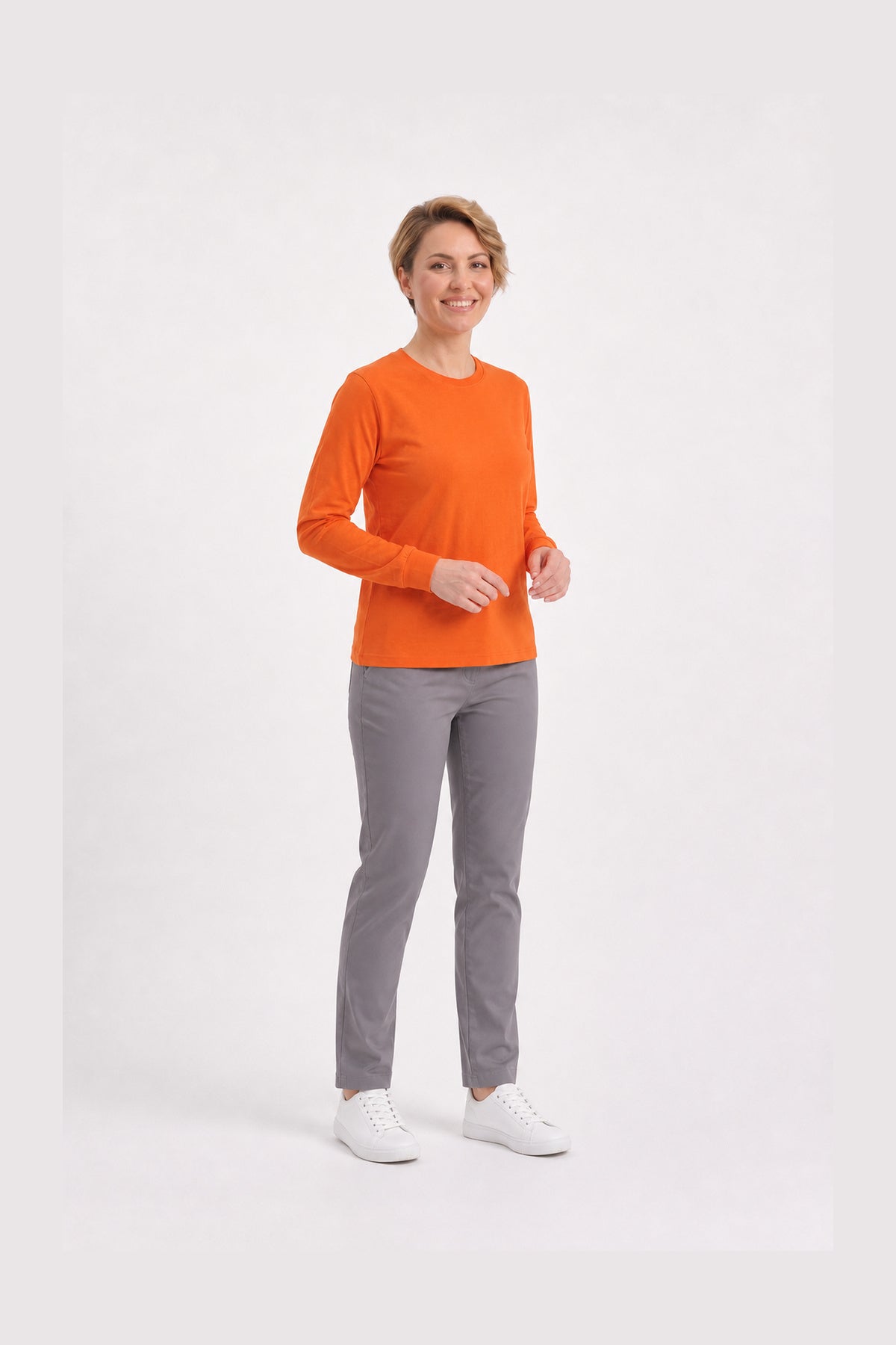 Turuncu %100 Pamuk Penye Yuvarlak Yaka Sweatshirt Uzun Kol